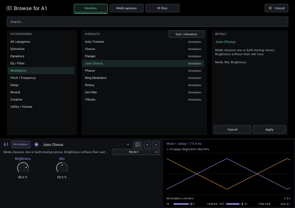 Module browser: Audition effects in a slot while you browse