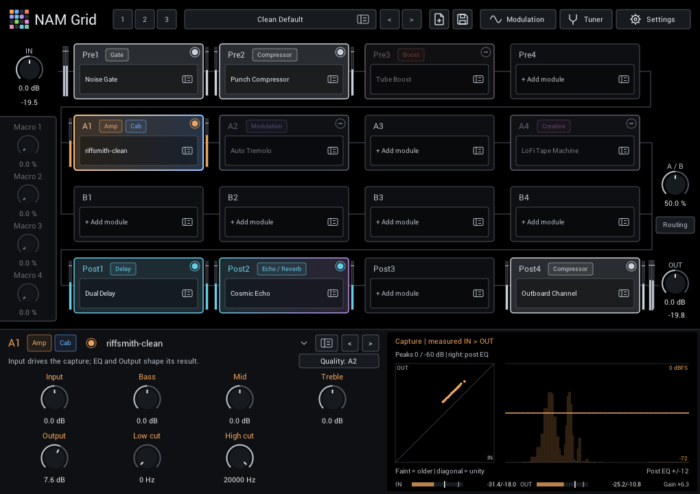 NAM Grid with the bundled Clean Default rig and its amp capture selected